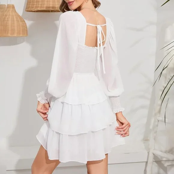 Byinns Square Neck Ruffle Dress Floral Print Tiered Tie Back Layered  Medium - Picture 2 of 12